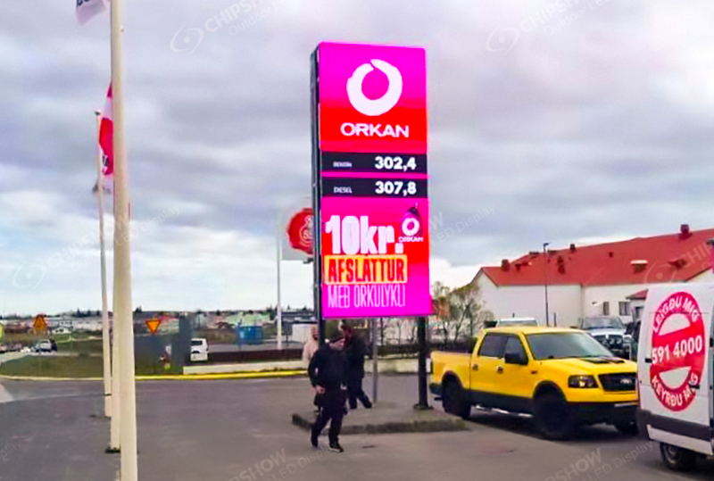 LED advertising signboard of a gas station in Iceland